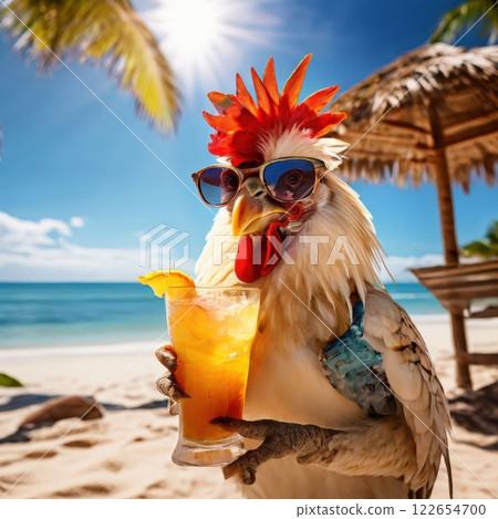 the AI Image Generator, Rooster Relaxing on Tropical Beach With Refreshing 122654700