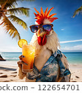 the AI Image Generator, Rooster Relaxing on Tropical Beach With Refreshing 122654701