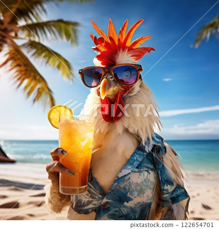 the AI Image Generator, Rooster Relaxing on Tropical Beach With Refreshing 122654701