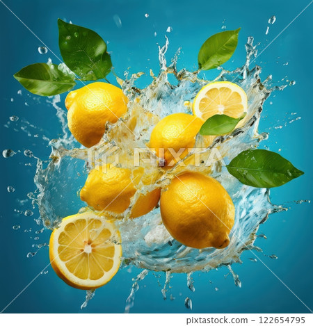 the AI Image Generator, Fresh Yellow Lemons Splashing in Water 122654795