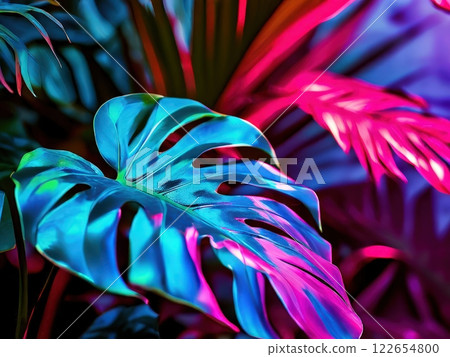 the AI Image Generator, Tropical Monstera Leaves with Neon Lighting 122654800