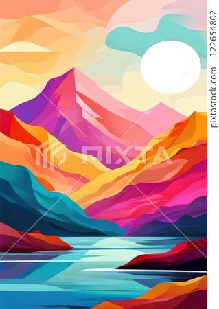 Abstract Landscape With Mountains, Lake, and Colorful Sunset the AI Image Generator, 122654802