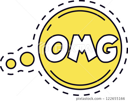 Yellow round speech bubble with a dashed outline displaying an OMG message, conveying surprise and astonishment, connected to three smaller yellow circles for a dynamic effect 122655166