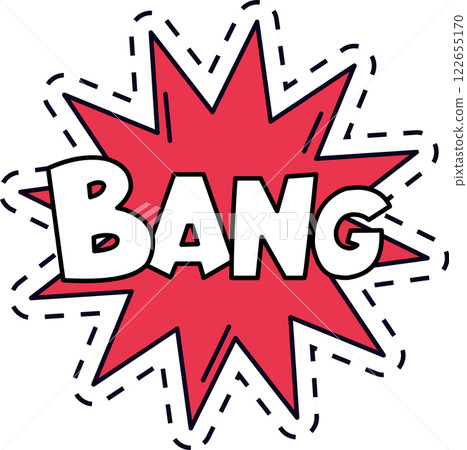 Dynamic comic style explosion graphic featuring bold BANG text in white on a red starburst background. Black dashed outline adds a playful and energetic feel to the design 122655170