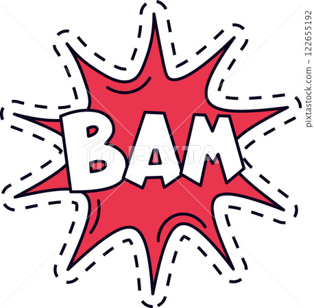 Comic explosion with bam lettering over a red star with dotted contour expressing surprise, excitement, and astonishment, ideal for comic books and graphic novels 122655192