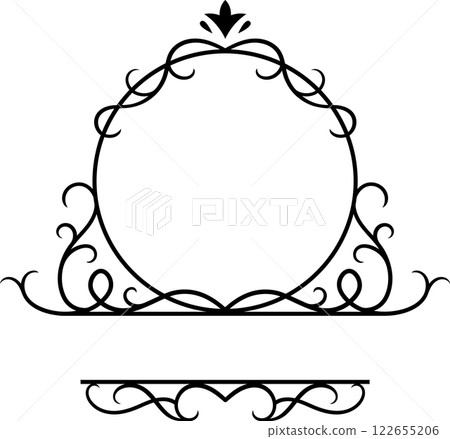 Elegant round floral frame with copy space featuring decorative swirls, flourishes, and intricate details, creating a sophisticated and ornate design suitable for various design projects 122655206