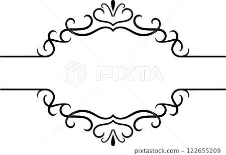 Elegant vintage calligraphic double sided frame featuring swirls and flourishes, creating a sophisticated design element ideal for invitations and certificates 122655209