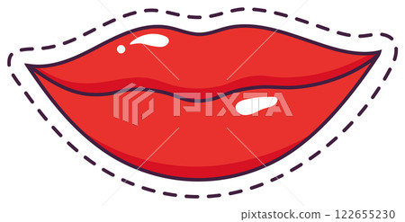 Cartoon drawing of red glossy lips with dashed line following the contour representing a sticker, isolated vector illustration on white background 122655230