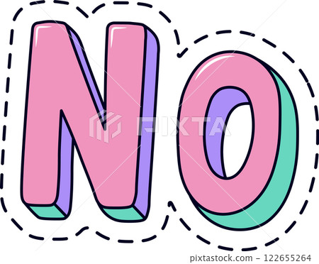 Pink and purple word no with a turquoise outline and a dashed line around it expressing disagreement. Negation. Refusal. Or disapproval. Useful for stickers. Patches. Or other graphic design purposes 122655264