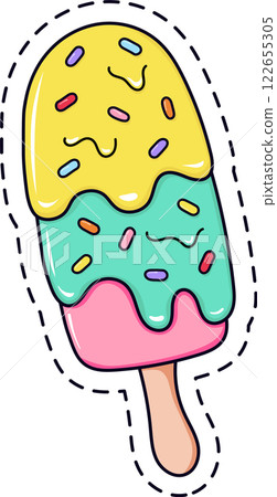 Cartoon popsicle melting with yellow and turquoise glaze, covered with colorful sprinkles and surrounded by a cute dashed border, ideal for summer projects 122655305