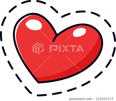Glossy red heart shape featuring a black stroke and dashed line contour, symbolizing love, romance, and the joyful celebrations of Valentine s Day Glossy red heart shape featuring a black stroke and dashed line contour, symbolizing love, romance, and the joyful celebrations of Valentine s Day 122655317