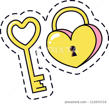 Golden key with heart shaped handle unlocking heart shaped golden and pink padlock representing love and relationships, ideal for Valentine s day or wedding invitations 122655318