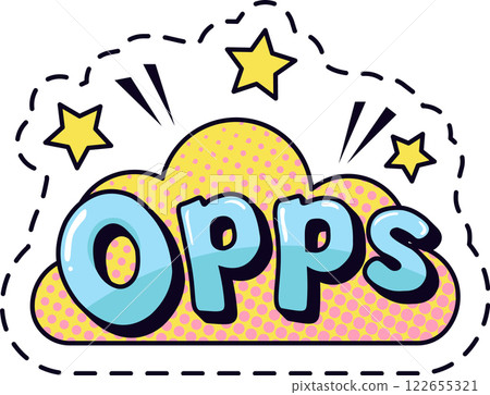 Colorful comic speech bubble with the word opps and stars surrounding it, expressing a lighthearted apology or acknowledgment of a mistake in a fun and playful way 122655321