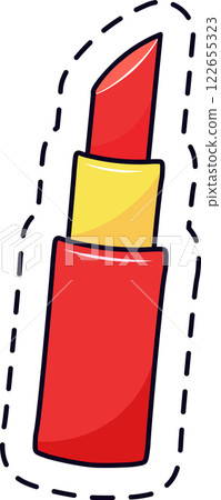 Red lipstick slightly tilted to the right with a golden ring separating the body from the upper part, surrounded by a dotted line, creating a playful and attention grabbing effect Red lipstick slightly tilted to the right with a golden ring separating the body from the upper part, surrounded by a dotted line, creating a playful and attention grabbing effect 122655323