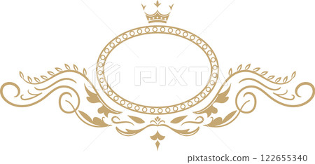 Oval frame with crown and floral ornaments creating vintage, luxurious and classic design, perfect for certificates, diplomas, logos, or branding 122655340