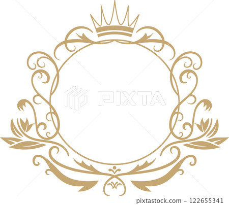 Elegant gold floral round frame with crown and ribbons is decorating something, with a white background providing ample space for customization 122655341