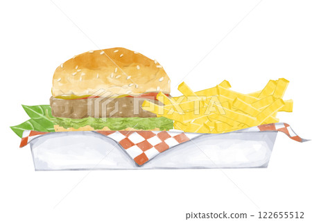 Watercolor Illustration with Lunch in a Box: Burger with Beef Patty, Lettuce, Mustard, Ketchup and French Fries, for Use in Menu, Printing, Textile and Web Watercolor Illustration with Lunch in a Box: Burger with Beef Patty, Lettuce, Mustard, Ketchup and French Fries, for Use in Menu, Printing, Textile and Web 122655512