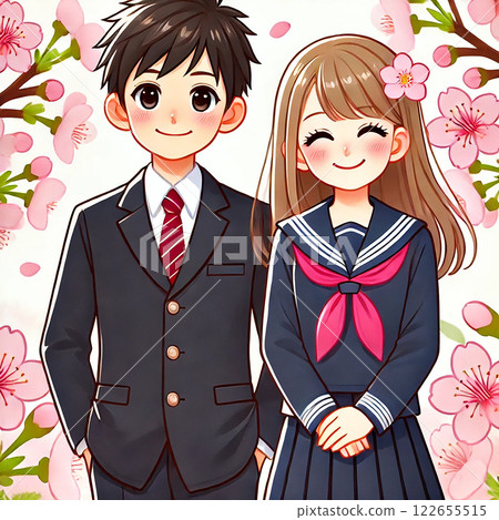 櫻花盛開的春天與高中生 | 清爽制服的男女學生插畫 122655515