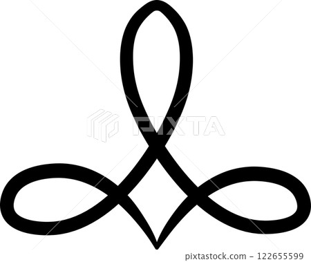 Continuous black lines creating an abstract intertwined symbol resembling a trefoil knot, isolated on a white background, with potential uses for logo design, brand identity or decorative element 122655599