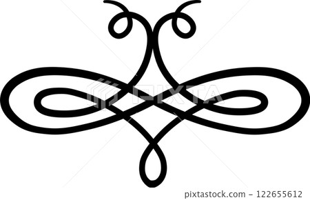 Black lines are forming an elegant vintage flourish and creating a symmetrical ornament with swirls and curls, ideal for decoration and embellishment 122655612