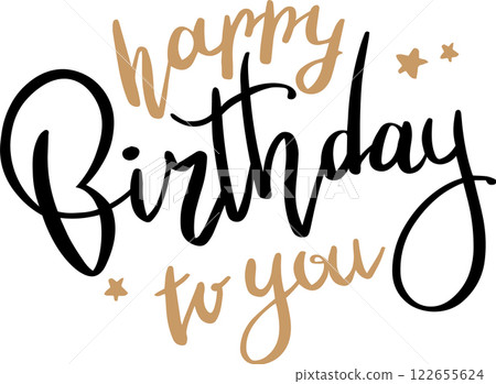 Stylish black and gold happy birthday to you lettering celebrating a special day, perfect for greeting cards, invitations, and festive decorations 122655624