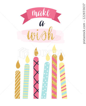 Colorful birthday candles glowing brightly, surrounded by a pink ribbon banner displaying the words Make a Wish, creating a joyful atmosphere for a festive celebration Colorful birthday candles glowing brightly, surrounded by a pink ribbon banner displaying the words Make a Wish, creating a joyful atmosphere for a festive celebration 122655637