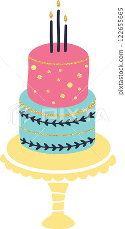 Two tiered birthday cake with lit candles and gold glitter decorations, pink and light blue colors, sitting on a yellow cake stand, isolated illustration on white background 122655665