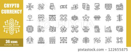 Cryptocurrency . Financial technology outline icon collection . Editable stroke . Vector . 122655875