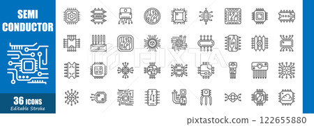 Semiconductors . Technology outline icon collection . Editable stroke . Vector . 122655880