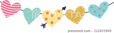 Five colorful hearts with different patterns and textures are hanging from a black string, pierced by two Cupid s arrows, creating a cheerful and romantic atmosphere 122655949