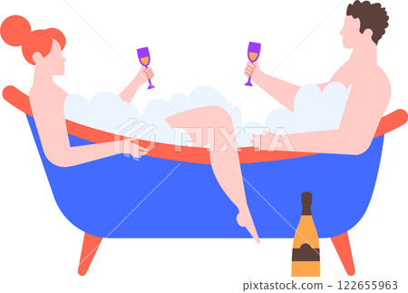 Romantic couple relaxing in a luxurious bathtub filled with foam, toasting with sparkling wine, and savoring a delightful moment of wellness and togetherness at home 122655963