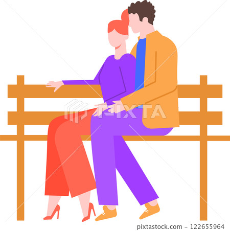 Young couple sitting on a bench, relaxing and enjoying time together in a public park, representing love, relationship, togetherness and modern lifestyle 122655964