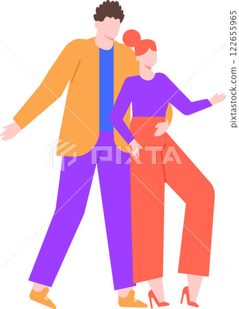 Young couple walking together with arms wide open, joyfully presenting something to the world. Both smiling brightly, radiating happiness and love in their casual, vibrant lifestyle Young couple walking together with arms wide open, joyfully presenting something to the world. Both smiling brightly, radiating happiness and love in their casual, vibrant lifestyle 122655965