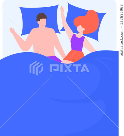 Happy couple waking up and waving cheerfully from their cozy bed, wrapped in a soft blue blanket, embracing the morning with joy and positive energy as they start a new day together 122655968
