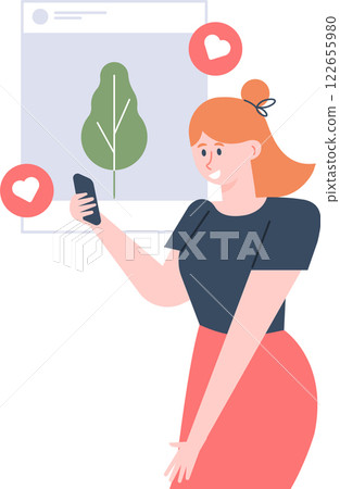 Young woman taking pictures of trees with mobile phone and posting them on social media, getting likes and positive feedback from followers, sharing moments and appreciating nature 122655980