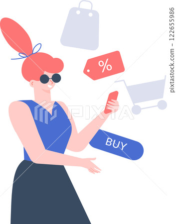 Stylish woman using her smartphone for online shopping, surrounded by shopping bags, carts, and floating percentage symbols, highlighting the convenience of e commerce Stylish woman using her smartphone for online shopping, surrounded by shopping bags, carts, and floating percentage symbols, highlighting the convenience of e commerce 122655986
