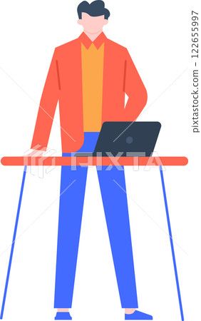 Modern office worker standing at a high desk with a laptop, showcasing efficiency and contemporary work practices in a vibrant, collaborative environment Modern office worker standing at a high desk with a laptop, showcasing efficiency and contemporary work practices in a vibrant, collaborative environment 122655997
