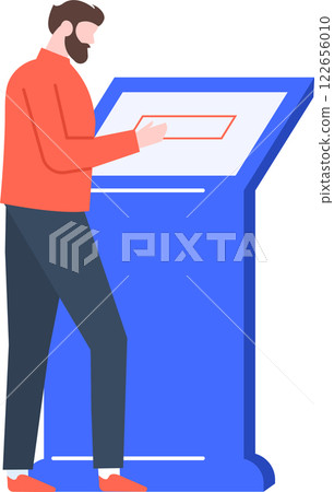 Bearded man using self service interactive touchscreen information kiosk terminal, accessing information or making payment, modern technology concept Bearded man using self service interactive touchscreen information kiosk terminal, accessing information or making payment, modern technology concept 122656010