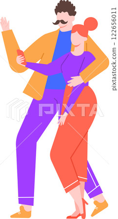 Young couple enjoying a moment together, taking a cheerful selfie with a smartphone while waving and smiling, man embracing woman in a colorful vector illustration on a white background Young couple enjoying a moment together, taking a cheerful selfie with a smartphone while waving and smiling, man embracing woman in a colorful vector illustration on a white background 122656011