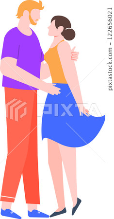 Colorful vector illustration depicting a romantic couple embracing. The man and woman are shown in a stylized, modern art style, conveying love and affection in a minimalist design 122656021