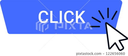 Blue button labeled CLICK with a cursor icon, symbolizing digital interaction and online engagement. Ideal for web design, UI elements, and internet related concepts 122656060