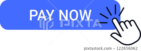 Cartoon hand clicking a vibrant blue pay now button with an index finger, highlighting the ease of online payment and the immediacy of making a purchase 122656062