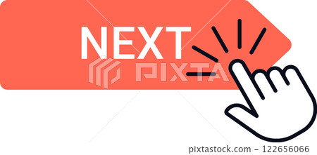 Illustration of a hand icon clicking on a bright orange arrow labeled Next, symbolizing progression, navigation, and digital interaction in user interfaces Illustration of a hand icon clicking on a bright orange arrow labeled Next, symbolizing progression, navigation, and digital interaction in user interfaces 122656066