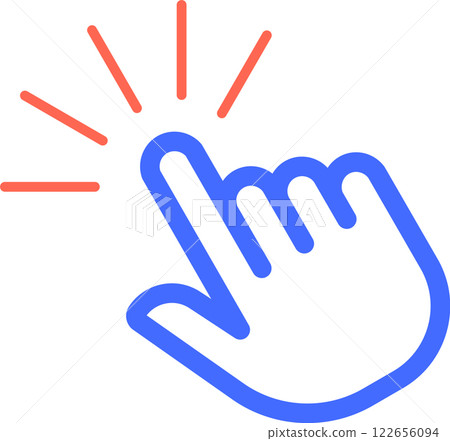Cartoon hand cursor clicking with index finger making bright light effect, simple outline vector illustration isolated over white background 122656094