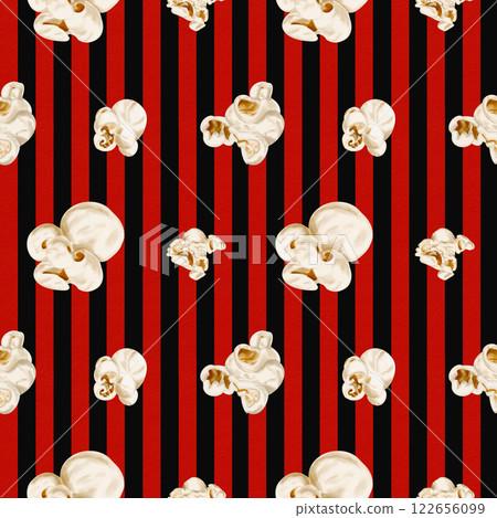Popcorn on a striped background. Seamless pattern. Big popcorn and red stripes. Classic retro style. Watercolor illustration. Printing on fabric, textiles and paper. red and black striped background. 122656099