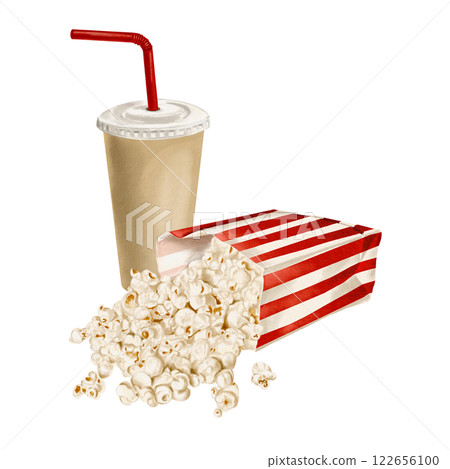 Popcorn in a striped paper bag. Drink in a disposable paper cup with a plastic lid and straw. Lots of snacks for movies and parties. Classic rktro style. watercolor illustration without background. Popcorn in a striped paper bag. Drink in a disposable paper cup with a plastic lid and straw. Lots of snacks for movies and parties. Classic rktro style. watercolor illustration without background. 122656100