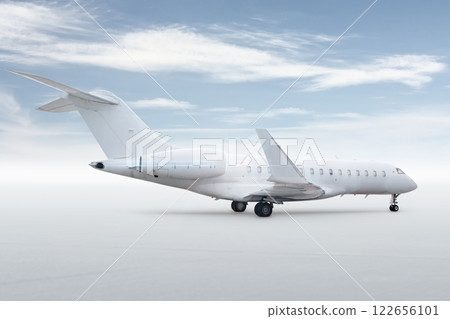 Modern white corporate business jet isolated on bright background with sky Modern white corporate business jet isolated on bright background with sky 122656101