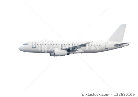 Modern passenger plane flies isolated on white background 122656109