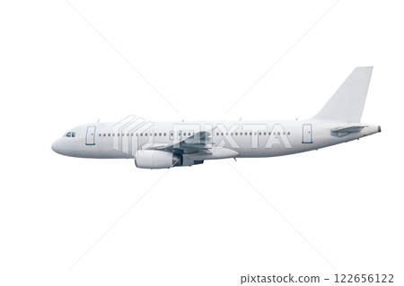 Modern passenger jet plane flying isolated on white background Modern passenger jet plane flying isolated on white background 122656122