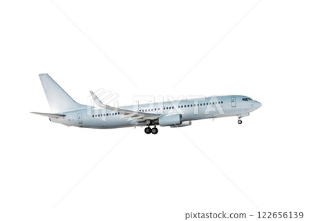 Take off a passenger jetliner isolated on white background 122656139